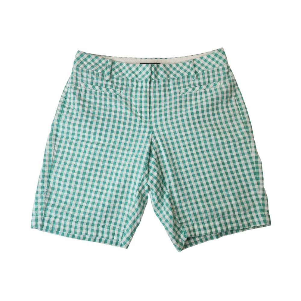 Lands End Bermuda Shorts 2 Green Gingham  Picnic Cotton Blend Preppy‎ Summer